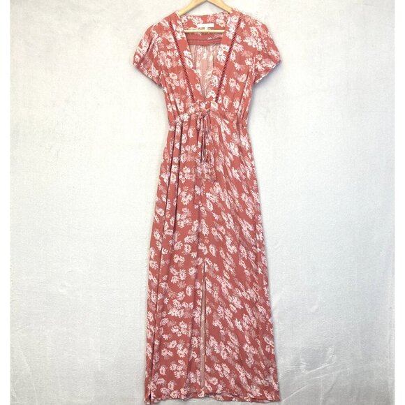 WAYF Floral Maxi Dress Womens XS Pink Short Sleeve V Neck Boho Slit USA Feminine - Picture 1 of 13